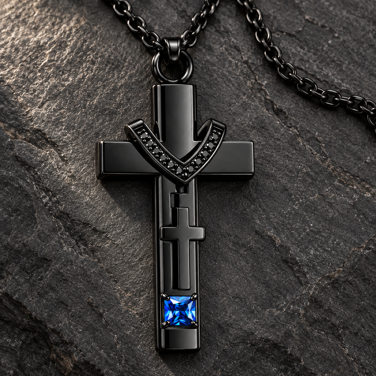 Black Cross Memorial Necklace with Blue Crystal | Faith Keepsake Pendant