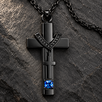 Black Cross Memorial Necklace with Blue Crystal | Faith Keepsake Pendant