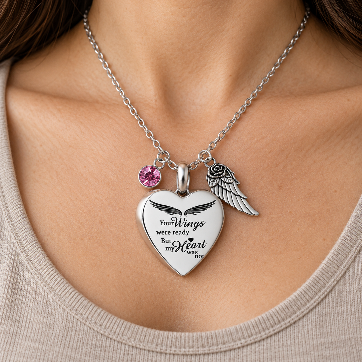 Angel Wings Heart Memorial Necklace with Pink Crystal & Wing Charm