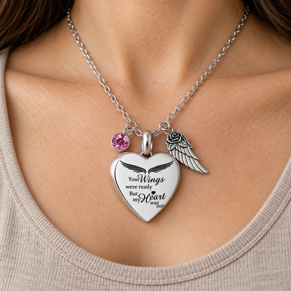 Angel Wings Heart Memorial Necklace with Pink Crystal & Wing Charm