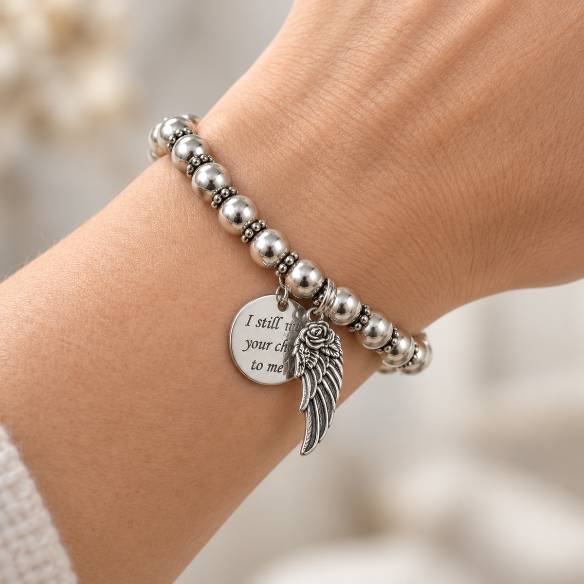 Silver Bead Memorial Bracelet with Angel Wing Charm