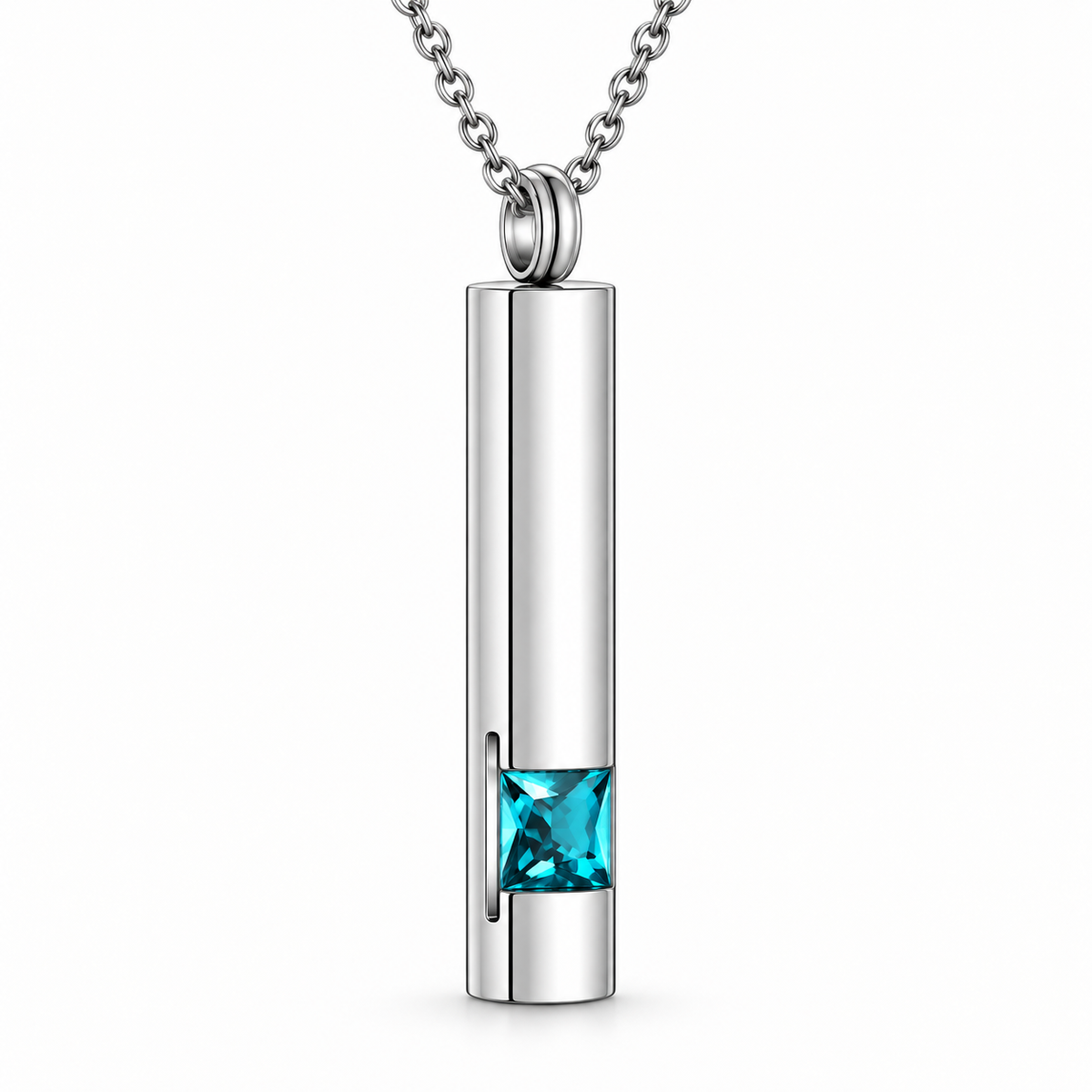 Silver-Tone Cylinder Urn Necklace for Ashes with Aqua Blue Stone