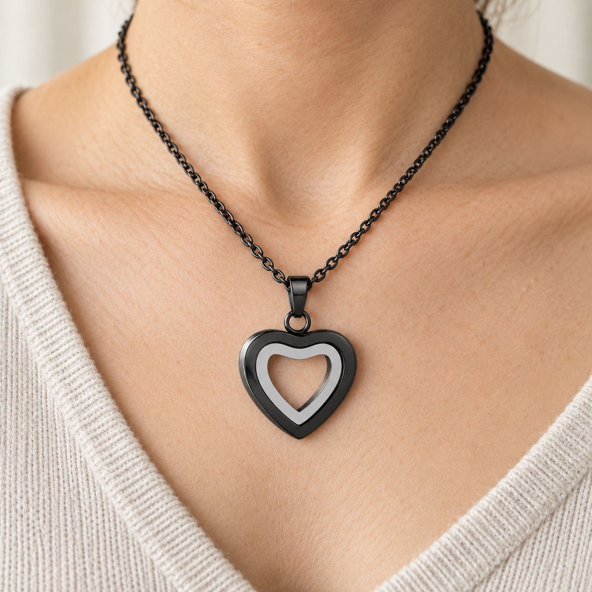 Black & Silver Open Heart Necklace | Double Heart Memorial Pendant