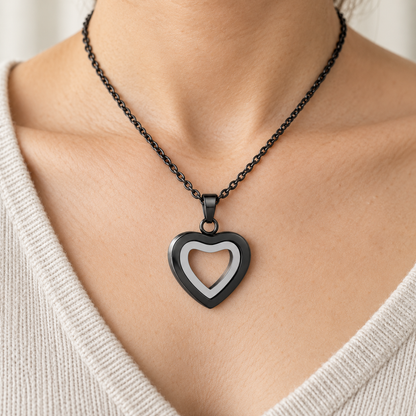 Black & Silver Open Heart Necklace | Double Heart Memorial Pendant