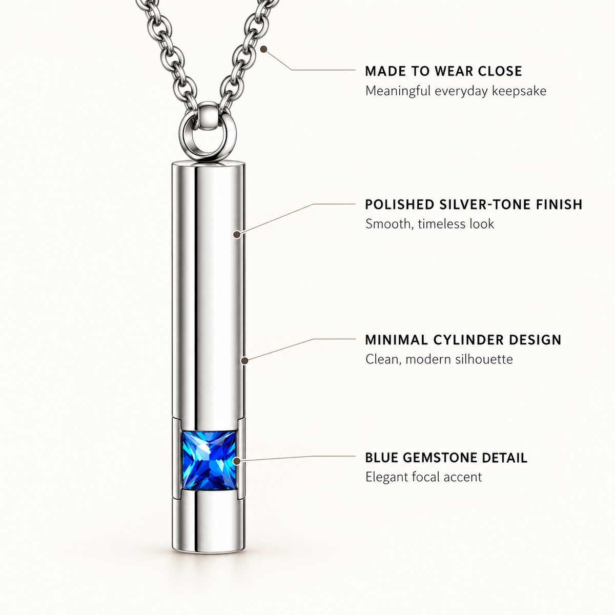 Silver-Tone Cylinder Urn Necklace for Ashes with Blue Stone