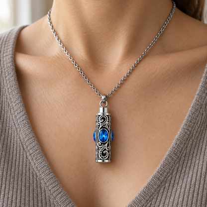 Cremation Necklace for Ashes with Oval Blue Stones and Silver-Tone Scrollwork
