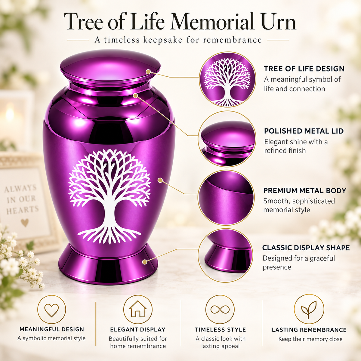 Keepsake Embrace Pearl Purple Tree of Life Cremation Urn