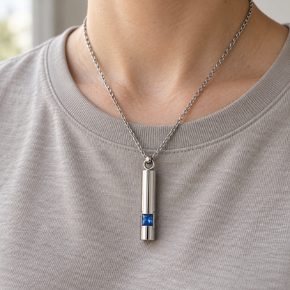 Silver-Tone Cylinder Urn Necklace for Ashes with Blue Stone