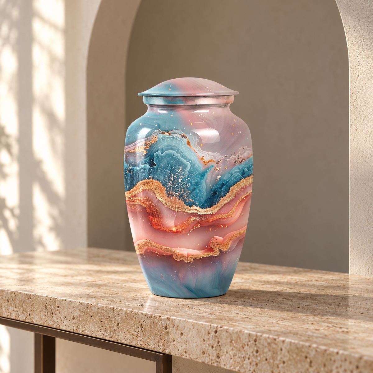 Teal Peach and Gold Layered Agate marble effect aluminum cremation urn in a stone entryway