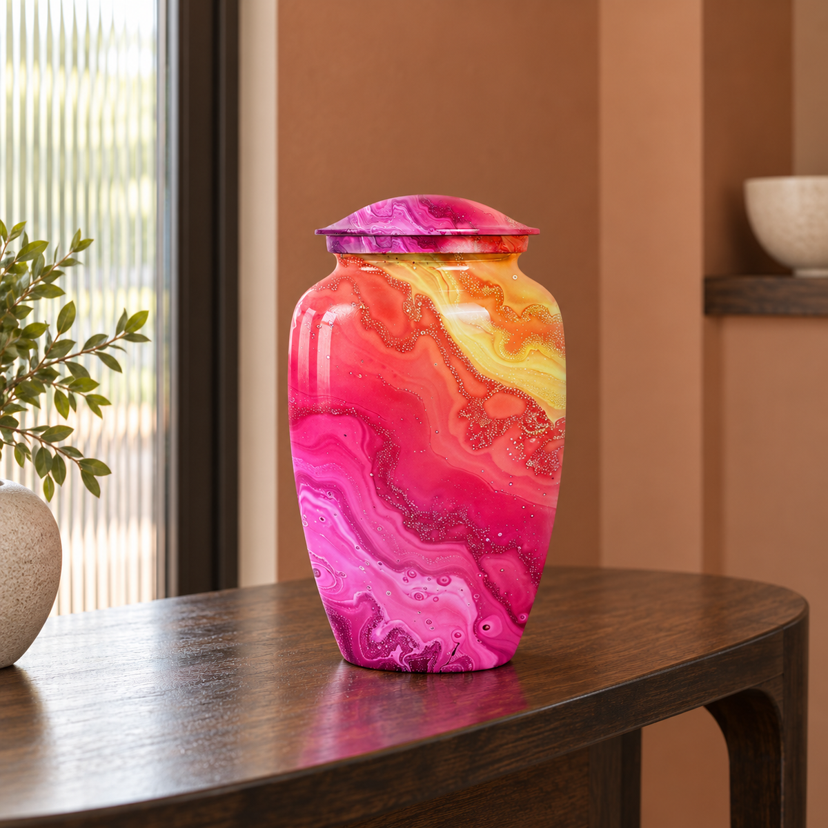 Pink Orange and Yellow Fluid Swirl marble effect aluminum cremation urn in a terracotta hallway