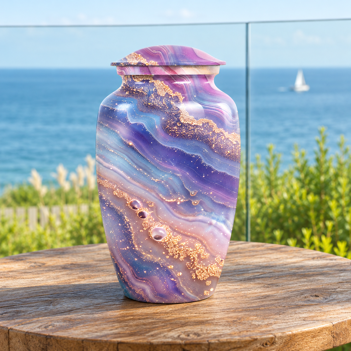Purple Blue and Gold Veining aluminum cremation urn in a ocean terrace
