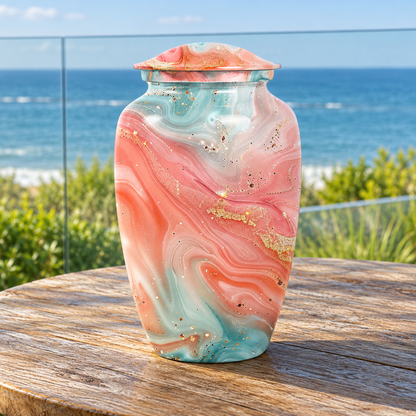 Coral Peach and Aqua Swirl aluminum cremation urn in a ocean balcony