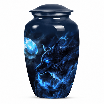 Blue-Eyed Wolf and Moon Cremation Urn for Ashes, Classic, 10-Inch