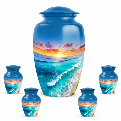 Ocean Sunset Cremation Urn Set for Ashes, Classic Large Urn + 4 Keepsakes
