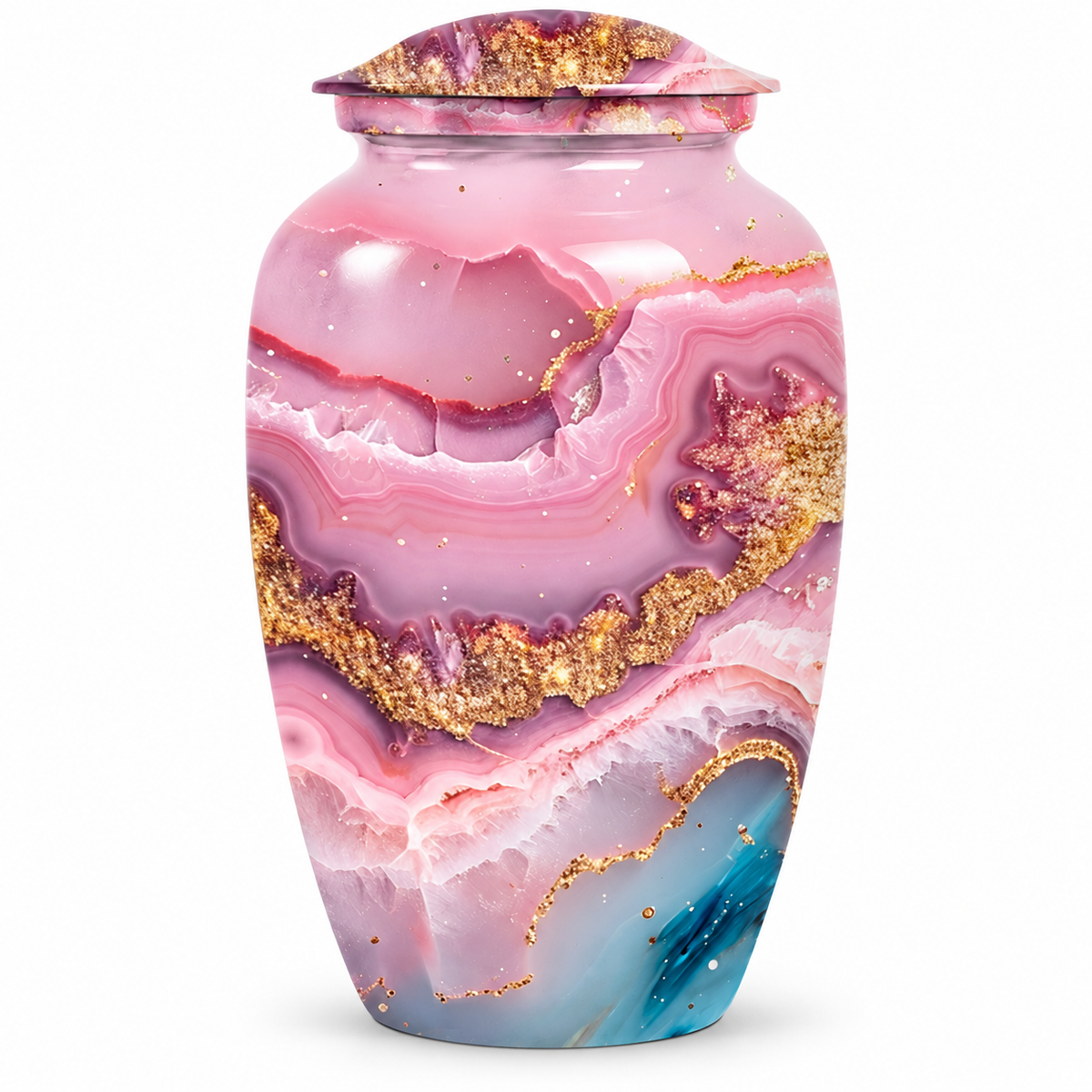 Pink and Blue Agate-Pattern Cremation Urn for Ashes, Gold-Tone Detail, 10-Inch