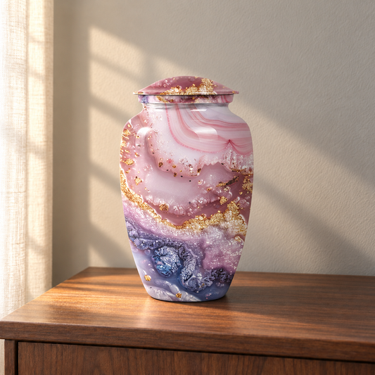 Pale Pink Mauve Lavender and Gold Layered Agate aluminum cremation urn in soft natural sunlight