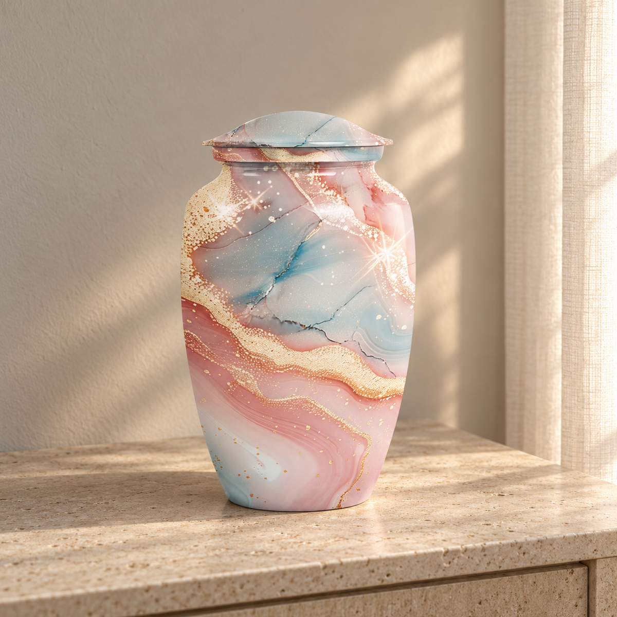 Pastel Pink Blue and Gold Sparkle aluminum cremation urn in soft natural sunlight