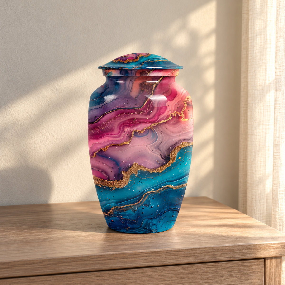Pink Teal and Gold Banded Agate aluminum cremation urn in soft natural sunlight