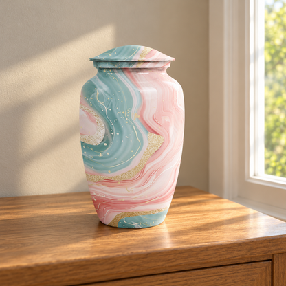 Pastel Pink Teal and Gold Waves aluminum cremation urn in soft natural sunlight