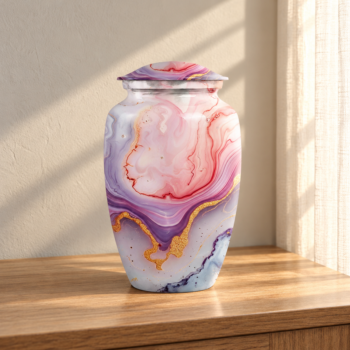 Pale Pink Purple and Gold Agate aluminum cremation urn in soft natural sunlight