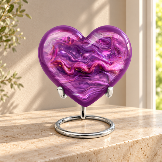 Purple Magenta and Gold Fluid Swirl aluminum cremation urn in soft natural sunlight