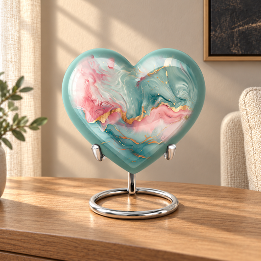 Sea Green Pink and Gold Banded Marble aluminum cremation urn in soft natural sunlight