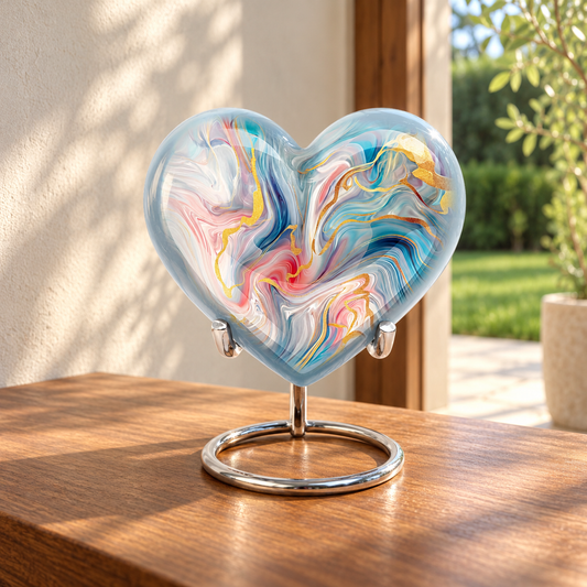 Pink Blue White and Gold Ribbon Swirl aluminum cremation urn in soft natural sunlight