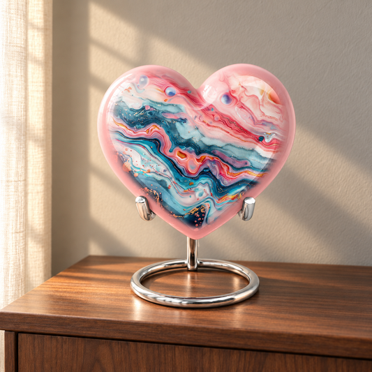 Blush Teal Pink and Gold Agate Waves aluminum cremation urn in soft natural sunlight