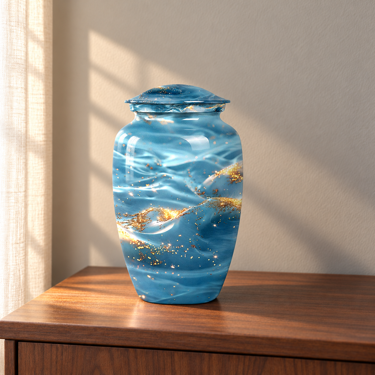 Pale Blue Ocean Waves and Gold Flecks aluminum cremation urn in soft natural sunlight