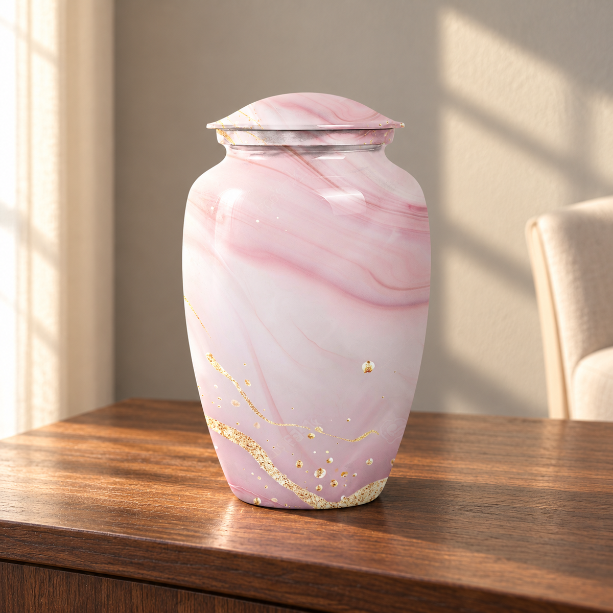 Pale Blush Pink and Gold Marble aluminum cremation urn in soft natural sunlight
