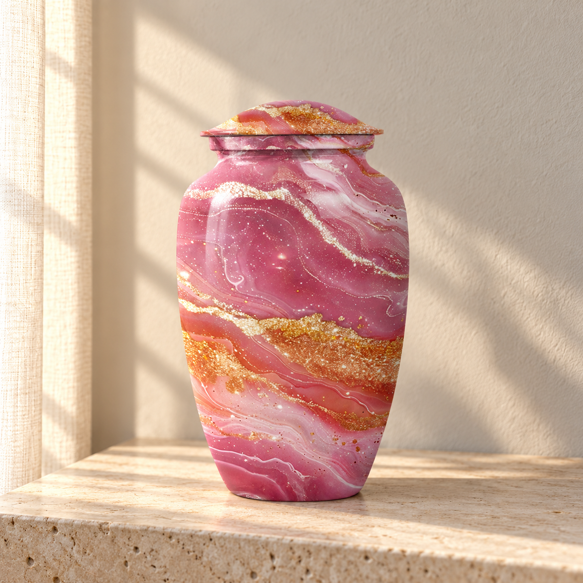 Rose Pink and Gold Glitter Agate Bands aluminum cremation urn in soft natural sunlight